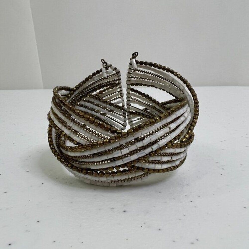 White Beaded Wrapped Cuff Flexible Braided Gold Tone Cuff Twist‎ Wire Boho